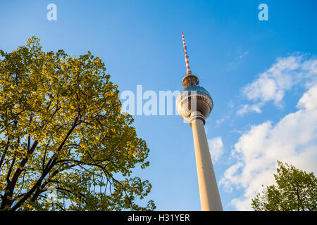 The Fernsehturm (TV Tower) seen at Berlin's Alexanderplatz from below Stock Photo