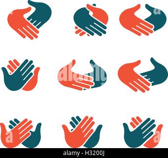Isolated abstract clapping hands logo set. Give five logotype collection. Shaking hands sign. Greeting symbol. Positive friendly congratulating gesture icon. Teamwork element. Vector illustration. Stock Vector