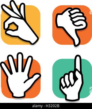 Isolated abstract colorful social network logo set. Human hands,fingers logotypes.Web buttons.Thumb down,ok, pointing finger,give five signs. Dislike,victory, hello symbol. Vector illustration. Stock Vector