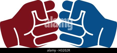 Isolated abstract brown and blue color human hands logo. Friendly punching fists logotype. Gesture language sign. Business deal symbol. Greeting and congratulating icon. Vector illustration. Stock Vector