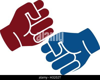 Isolated abstract brown and blue color human hands logo. Friendly punching fists logotype. Gesture language sign. Business deal symbol. Greeting and congratulating icon. Vector illustration. Stock Vector