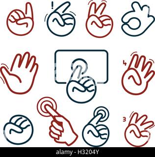 Isolated abstract social network logo set. Human hands and fingers logotypes.Website buttons collection.Ok,peace,give five,pointing finger,fist signs. Victory, hello symbol. Vector illustration. Stock Vector