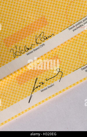 Privatization voucher, book, Czechoslovakia, Minister of Finance sign, Vaclav Klaus, Ivan Kocarnik Stock Photo