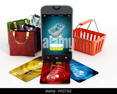 Smartphone, credit cards, shopping bags and basket isolated on white background. 3D illustration. Stock Photo