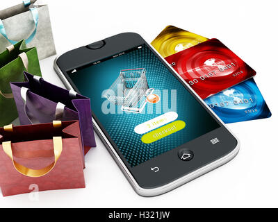 Smartphone, credit cards, shopping bags and basket isolated on white background. 3D illustration. Stock Photo