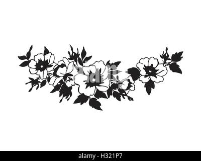 Beautiful blossoming wild rose branch with white flowers. Hand drawn vector illustration. Black and white colors Stock Vector