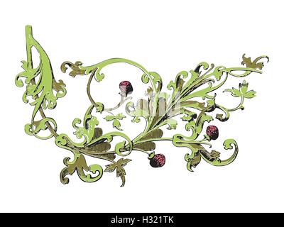 Hand drawn illustration of strawberry bushes vector. Branch with buds and berries. Vegetal ornament colorful on white background Stock Vector