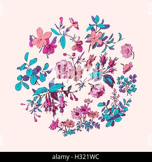 Meadow flower and leaf wreath isolated on pink, circle doodle floral set vector element decorative design vintage. Invitation we Stock Vector