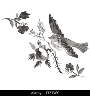 Flying bird with branch of a rose isolated on white, diagonal element design for greeting card, celebrate gift, invitation messa Stock Vector