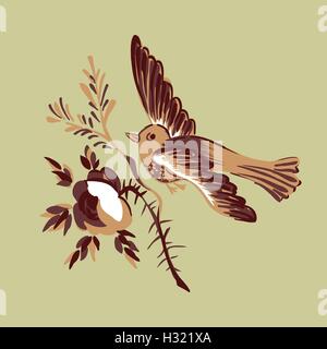 Flying bird with branch of a rose isolated on beige, diagonal  element design for greeting card, celebrate gift, invitation mess Stock Vector