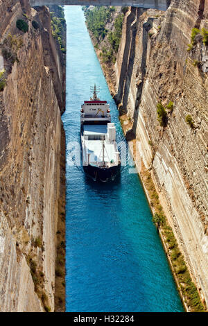 Ship cross The Corinth Canal Stock Photo