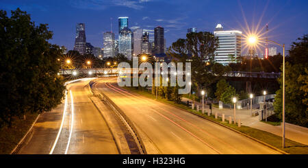 Panorama Of Downtown Houston With Super Moon Rising Behind - Houston Texas Stock Photo