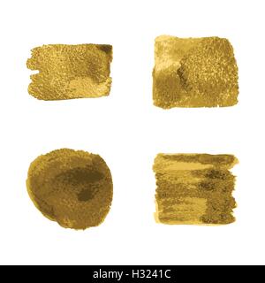 Vector gold paint smear stroke stain set on white background. Abstract gold glittering textured art illustration. Stock Vector