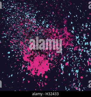 Colorful acrylic paint splatter shiny, blob on blue dark background. Neon glowing spray stains abstract background, vector illus Stock Vector