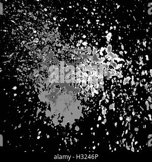 Vector silver paint splash, splatter, and blob shiny on black background. Glowing spray stains abstract background, vector illus Stock Vector
