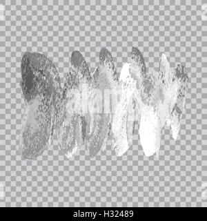 Silver brush paint stroke wave on transparent gray background. Splash spiral abstract background, frame vector illustration. Stock Vector
