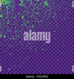 Illustration of confetti explosion effect isolated on purple squares background. Space  green star explosion of paint splatter.  Stock Vector