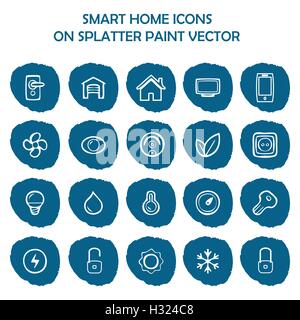 Smart home icons on blue splatter paint. Flat icons on round paint stains background. Icons, symbol, logo Stock Vector