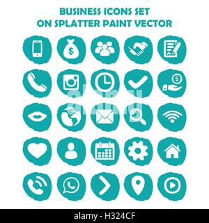 Business icon set on blue light splatter paint. Flat icons on round paint stains background. Icons, symbol, logo Stock Vector