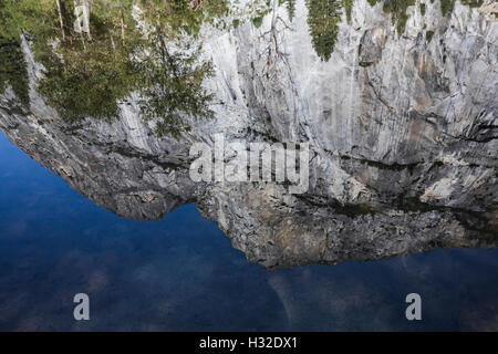 El Capitan reflected in the Merced River at Cathedral Beach picnic area, Yosemite National Park, California, USA Stock Photo