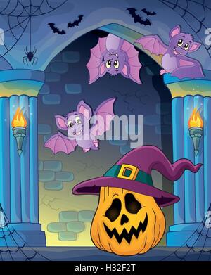 Pumpkin in witch hat theme image 2 - eps10 vector illustration. Stock Vector