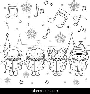 Group of children singing Christmas carols. Black and white coloring page illustration Stock Vector