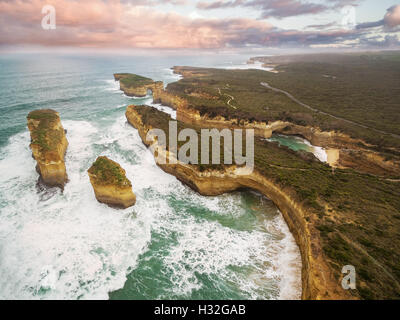 Aerial view of the Island Arch rock formation and Mutton Bird Island on the Great Ocean Road, Victoria, Australia Stock Photo