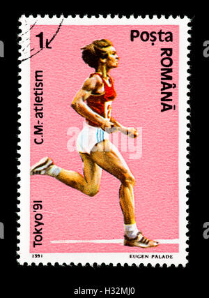 Postage stamp from Romania depicting a runner, issued for the 1991 World Track and Field Championships in Tokyo. Stock Photo