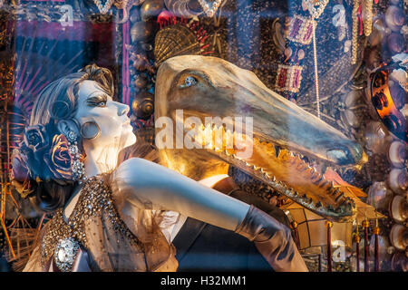 A closeup of a window display of the Bergdorf and Goodman department store on 5th Avenue during Christmas time. Stock Photo