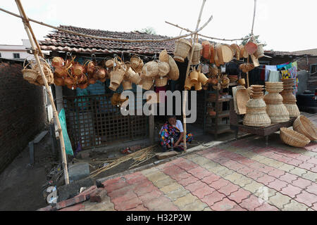 Bamboo Baskets for sell in a village, Gujrat, India Stock Photo