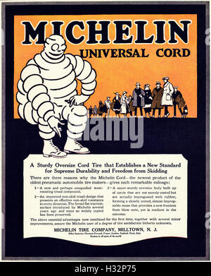 1920 advert from original old vintage American magazine 1920s advertisement advertising Michelin Universal Cord Tires of Milltown New Jersey USA 20s retro Stock Photo