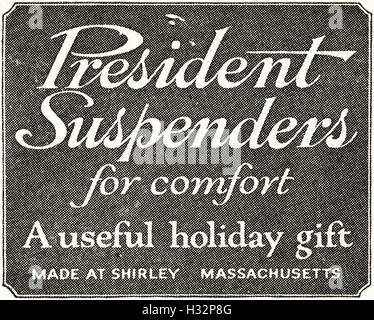 1920 advert from original old vintage American magazine 1920s advertisement advertising President Suspenders of Shirley Massachusetts USA Stock Photo