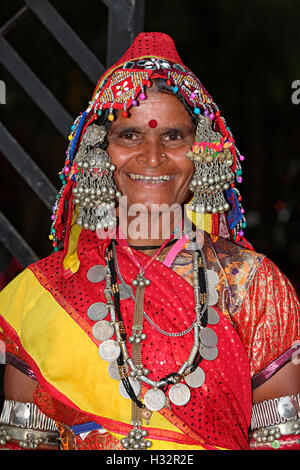 Portrait of woman with traditional jewelry, Vanjara Tribe, Maharashtra, India. Rural faces of India Stock Photo