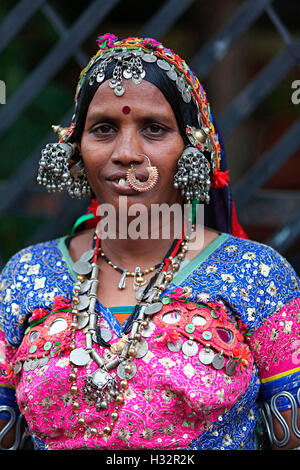 Portrait of woman with traditional jewelry, Vanjara Tribe, Maharashtra, India. Rural faces of India Stock Photo