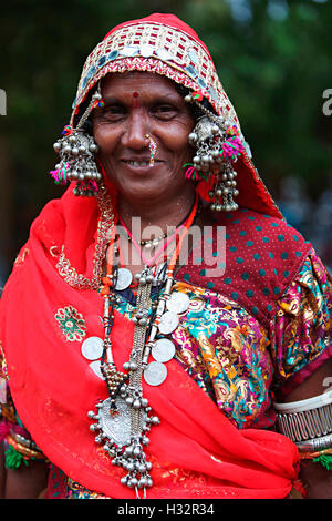 Portrait of woman with traditional jewelry, Vanjara Tribe, Maharashtra, India Stock Photo