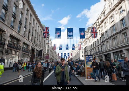 Regent street decorated in flags and stalls to celebrate NFL in London Wembley in October 2016 Stock Photo