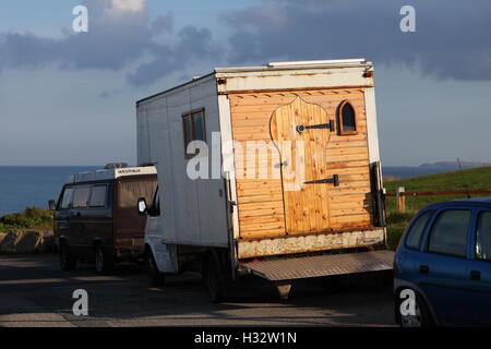 PENTIRE, NEWQUAY, CORNWALL, UK - OCTOBER 3, 2016: A gypsy caravan parked on Pentire in Newquay. Stock Photo