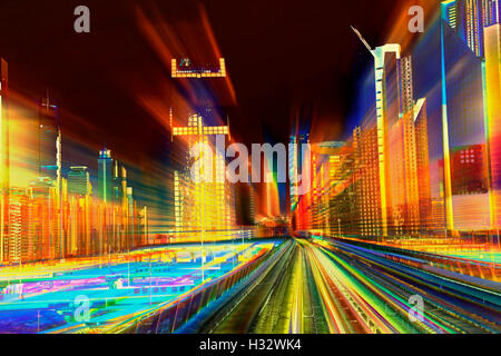 Abstract photo of Metro and illuminated buildings in the night