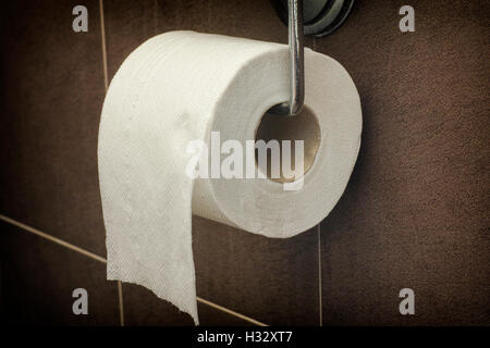 Toilet paper roll on metal holder. Close up. Stock Photo