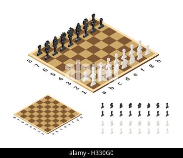 Classical chessboard with chess figures in isometric view on white Stock Vector