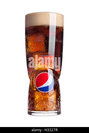 LONDON,UNITED KINGDOM-OCTOBER 03, 2016: Original large glass with pepsi cola and ice cubes with reflection. Pepsi is a carbonate Stock Photo