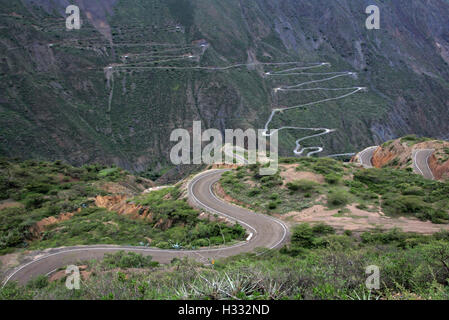 Nice curvy winding road leading down to Tablachaca canyon and the same called river in northern Peru. Located north of Pato Cany Stock Photo