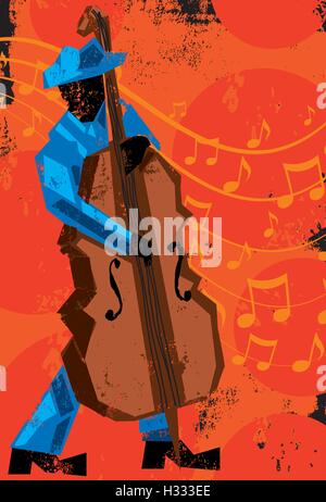 Jazz double bass player  A double bass player in front of music notes over a decorative background. Stock Vector