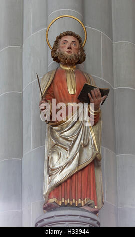Apostle Bartholomew, larger than life wooden statue of 1552, Mminster St. Nikolaus, Überlingen, Lake Constance Stock Photo