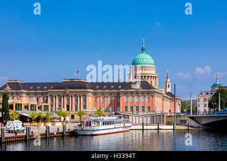 Excursion boat in front of Parliament Potsdam and St. Nicholas Church, Potsdam, Brandenburg, Germany Stock Photo