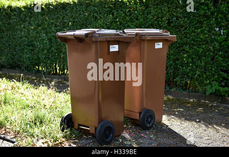 Brown garbage bins for organic waste with barcode labels, Stuttgart, Baden-Württemberg, Germany Stock Photo