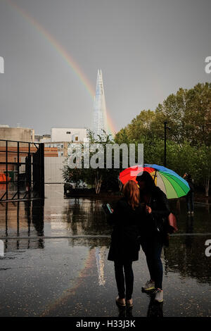 Rainbow over The Shard in London with two people with a multicolored umbrella in foreground Stock Photo