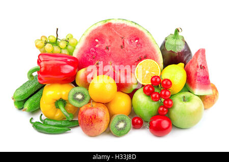 watermelon and a variety of fruits and vegetables isolated on white background Stock Photo