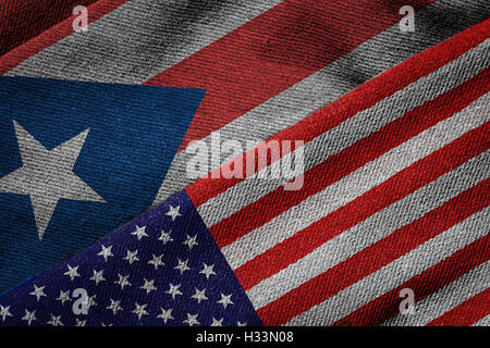 3D rendering of the flags of USA and Puerto Rico on woven fabric texture. Puerto Rico is a U.S. territory. Detailed textile patt Stock Photo