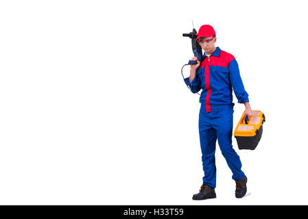 Young repairman with drill perforator isolated on white Stock Photo